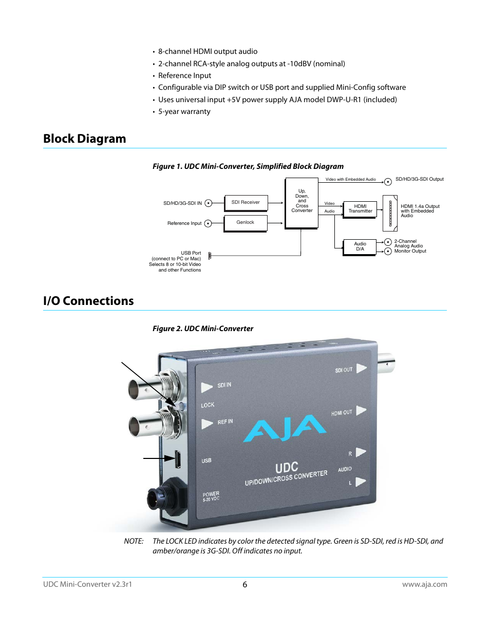Block diagram, I/o connections, Block diagram i/o connections | AJA UDC User Manual | Page 6 / 29