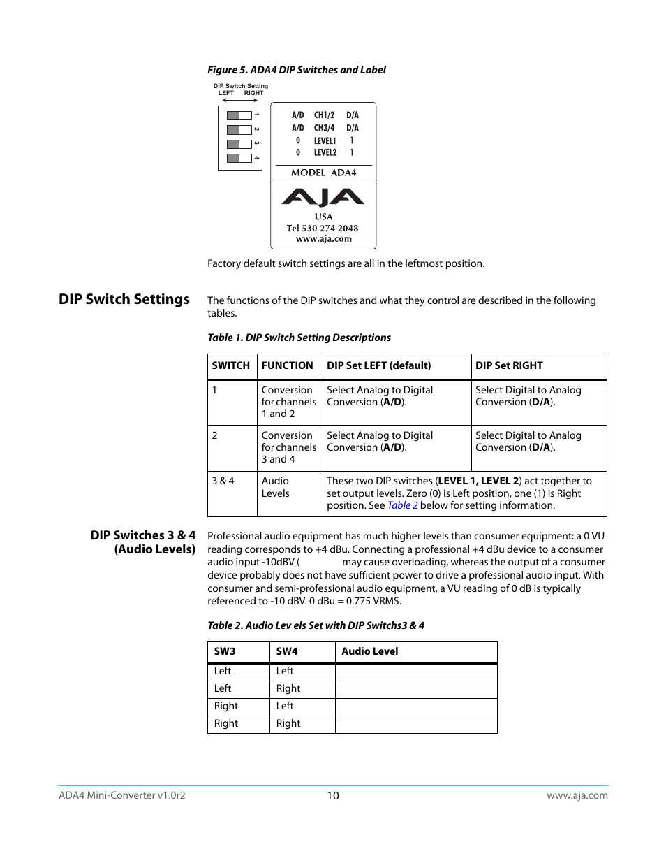 Dip switch settings, Dip switches 3 & 4 (audio levels) | AJA ADA4 User Manual | Page 10 / 22