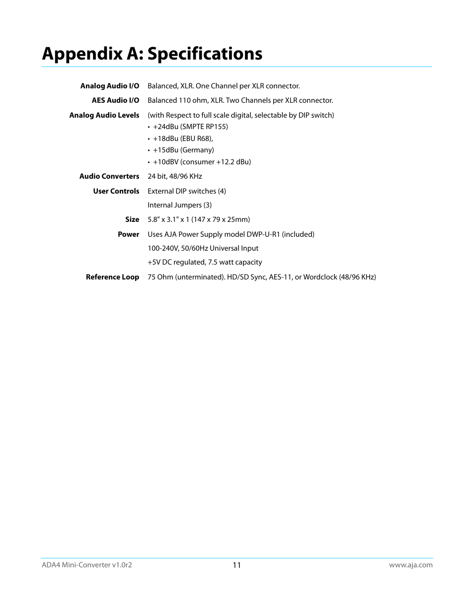 Appendix a: specifications | AJA ADA4 User Manual | Page 11 / 22