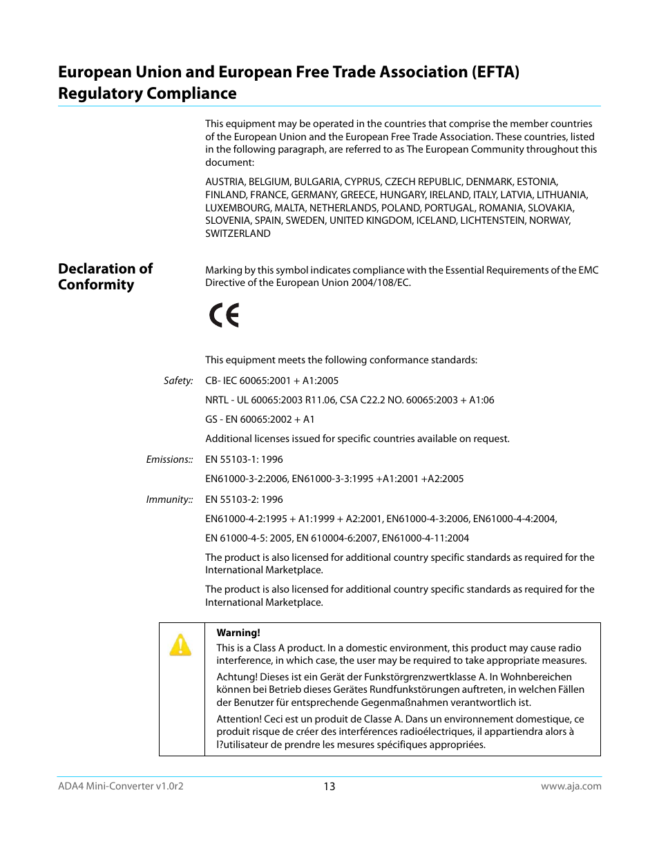 Declaration of conformity, Regulatory compliance | AJA ADA4 User Manual | Page 13 / 22