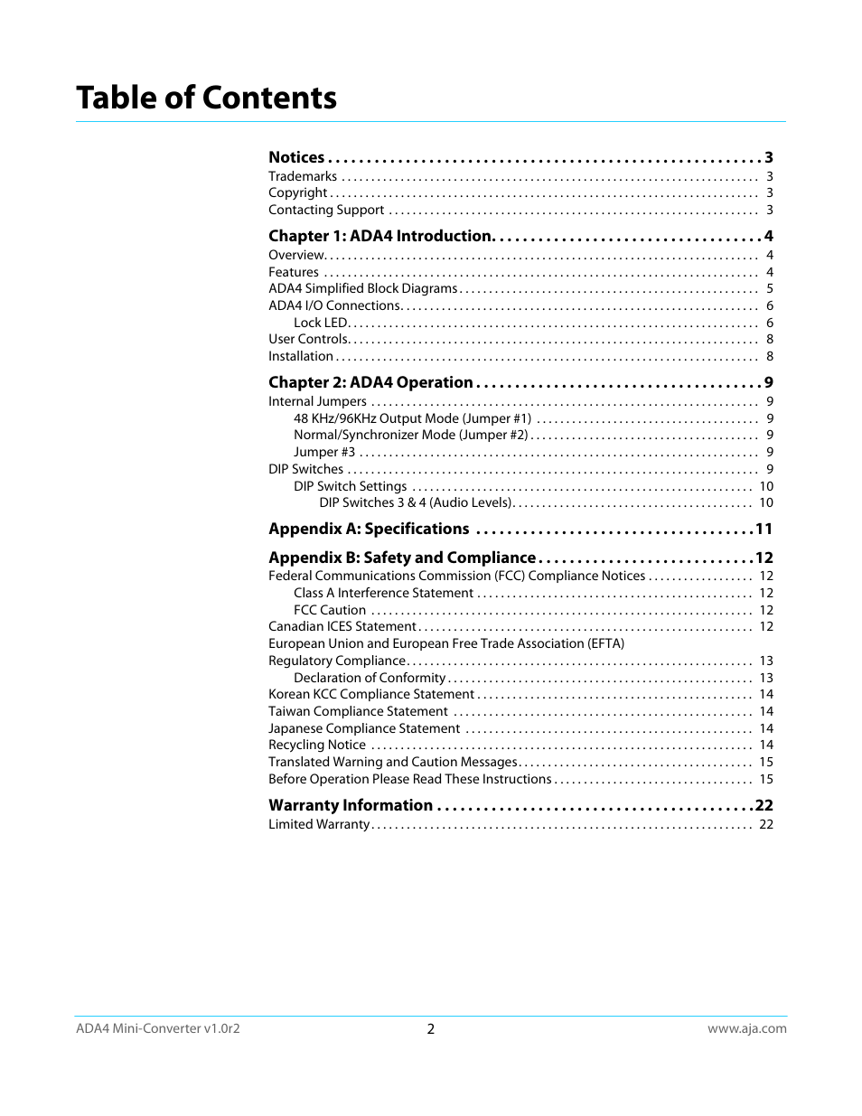 AJA ADA4 User Manual | Page 2 / 22