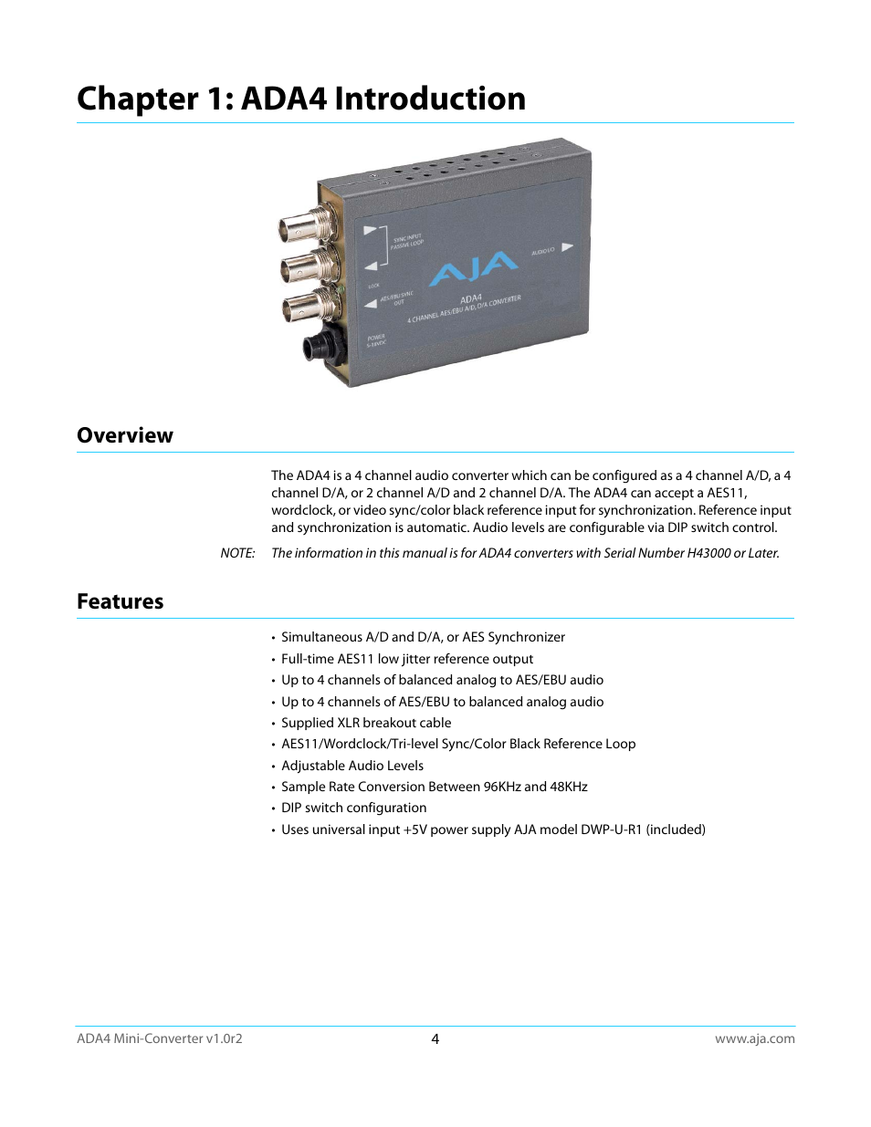 Chapter 1: ada4 introduction, Overview, Features | Overview features | AJA ADA4 User Manual | Page 4 / 22