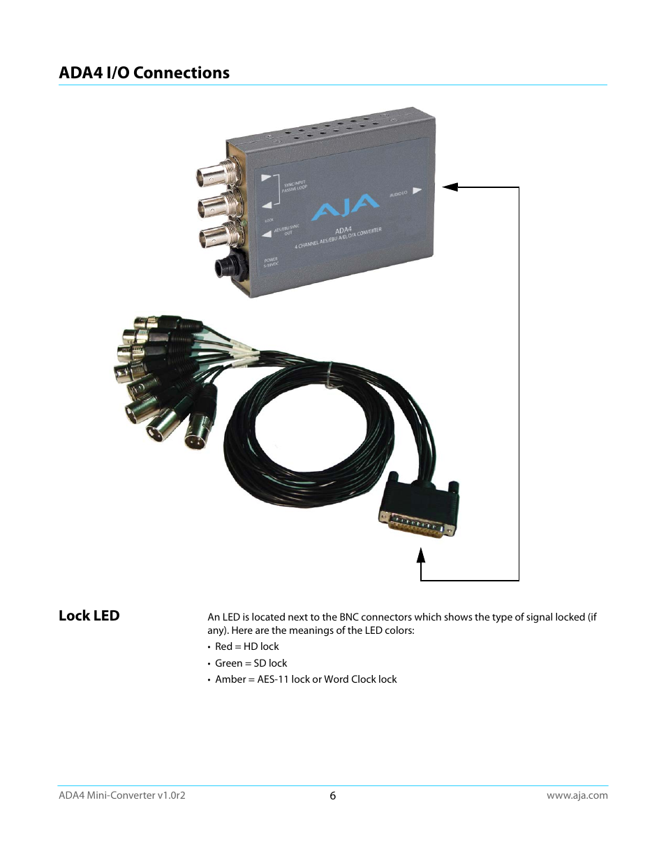 Ada4 i/o connections, Lock led | AJA ADA4 User Manual | Page 6 / 22