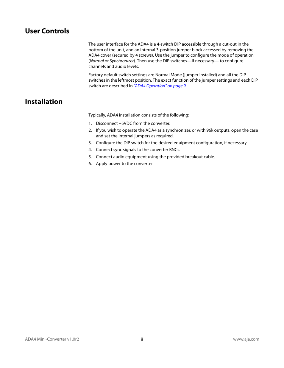 User controls, Installation, User controls installation | AJA ADA4 User Manual | Page 8 / 22