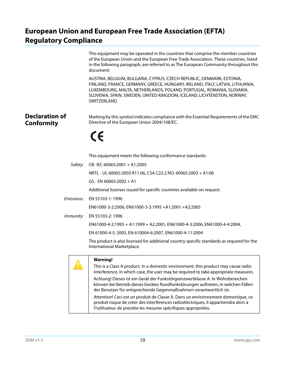 Declaration of conformity, Regulatory compliance | AJA 3GM User Manual | Page 10 / 19
