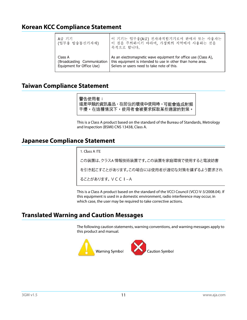 Korean kcc compliance statement, Taiwan compliance statement, Japanese compliance statement | Translated warning and caution messages | AJA 3GM User Manual | Page 11 / 19