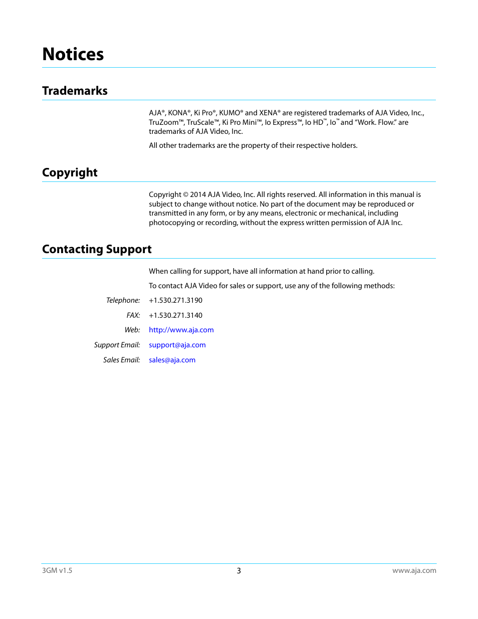 Trademarks, Copyright, Contacting support | Notices, Trademarks copyright contacting support | AJA 3GM User Manual | Page 3 / 19
