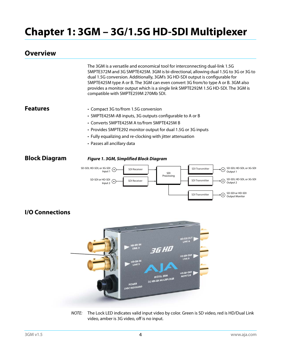 Chapter 1: 3gm – 3g/1.5g hd-sdi multiplexer, Overview, Features | Block diagram, I/o connections, Features block diagram i/o connections | AJA 3GM User Manual | Page 4 / 19