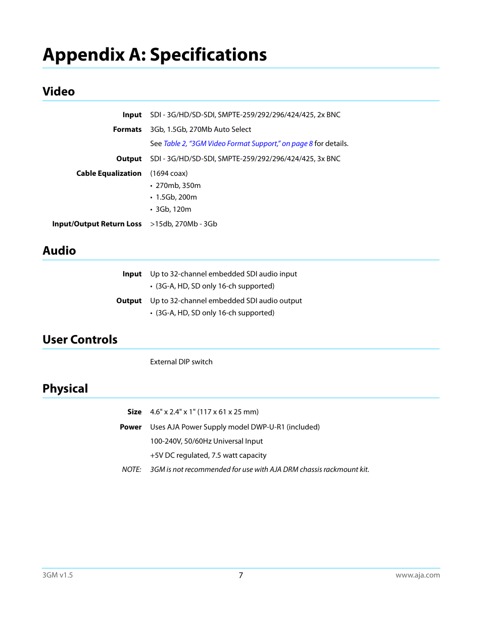 Appendix a: specifications, Video, Audio | User controls, Physical, Video audio user controls physical | AJA 3GM User Manual | Page 7 / 19