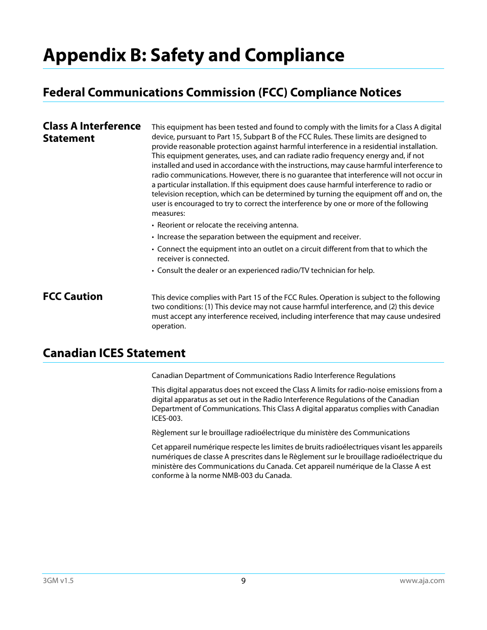Appendix b: safety and compliance, Class a interference statement, Fcc caution | Canadian ices statement, Class a interference statement fcc caution | AJA 3GM User Manual | Page 9 / 19