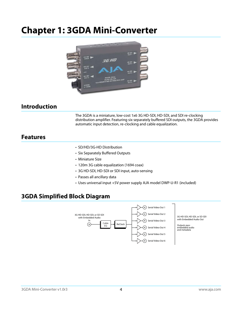 Chapter 1: 3gda mini-converter, Introduction, Features | 3gda simplified block diagram | AJA 3GDA User Manual | Page 4 / 13