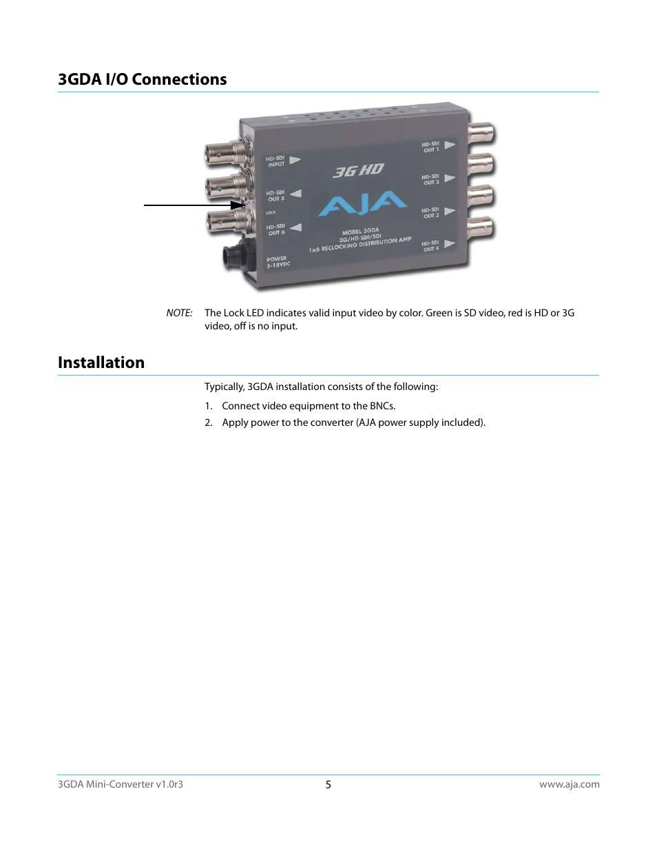 3gda i/o connections, Installation, 3gda i/o connections installation | AJA 3GDA User Manual | Page 5 / 13