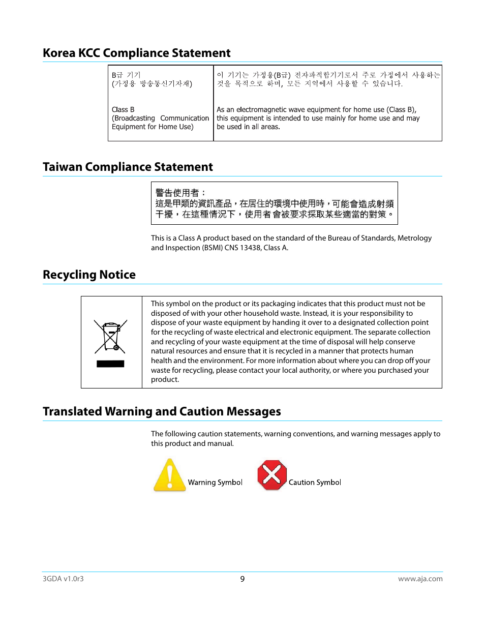 Korea kcc compliance statement, Taiwan compliance statement, Recycling notice | Translated warning and caution messages | AJA 3GDA User Manual | Page 9 / 13