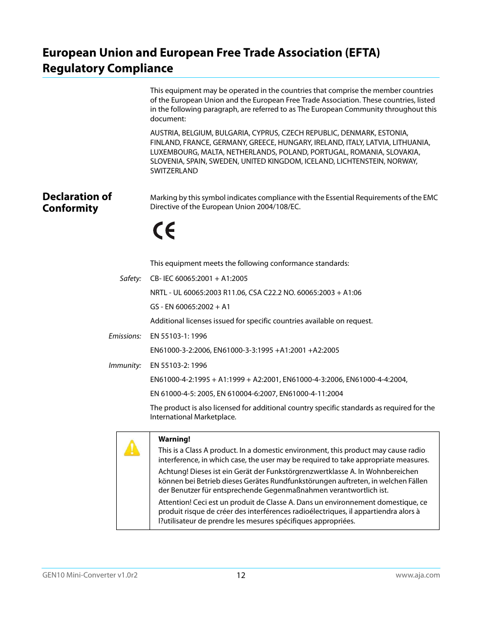 Declaration of conformity, Regulatory compliance | AJA GEN10 User Manual | Page 12 / 21