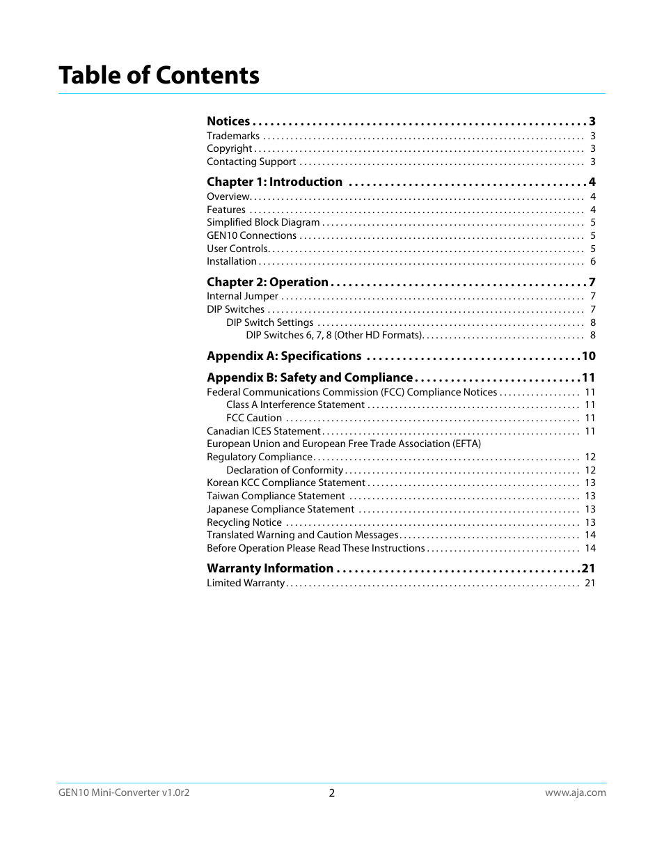 AJA GEN10 User Manual | Page 2 / 21