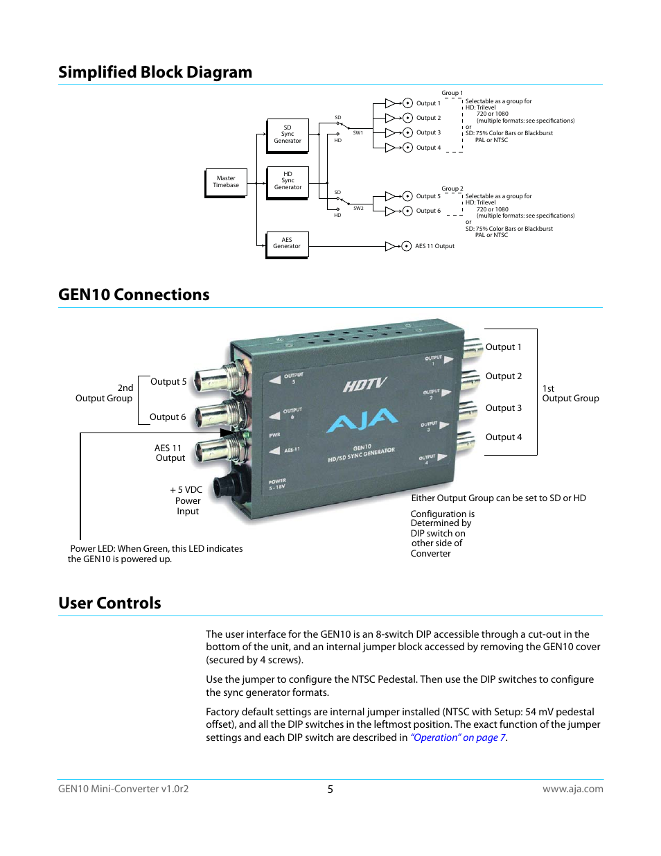 Simplified block diagram, Gen10 connections, User controls | AJA GEN10 User Manual | Page 5 / 21