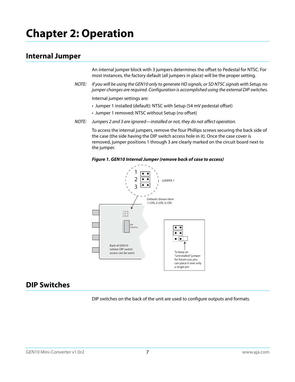 Chapter 2: operation, Internal jumper, Dip switches | Internal jumper dip switches | AJA GEN10 User Manual | Page 7 / 21