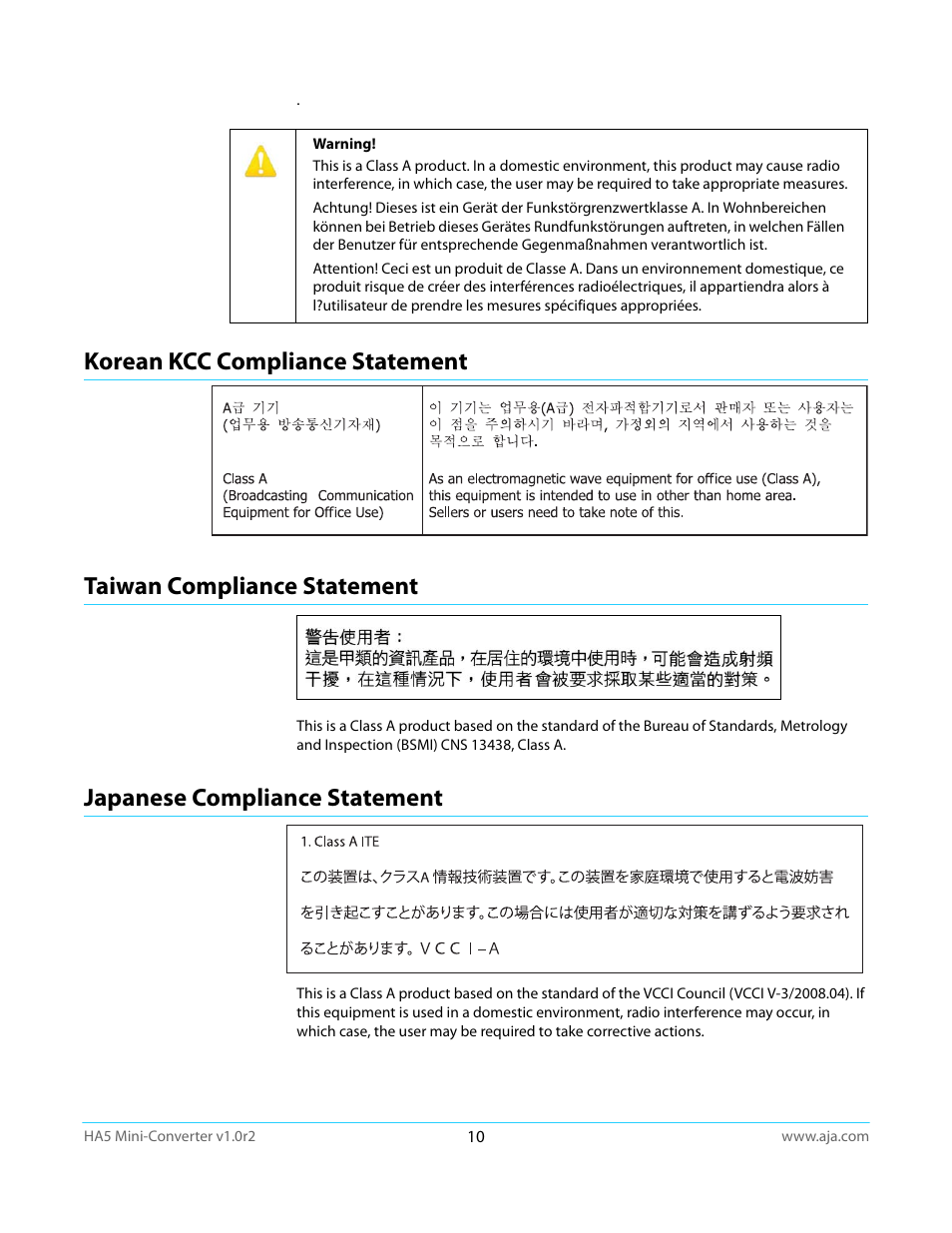 Korean kcc compliance statement, Taiwan compliance statement, Japanese compliance statement | AJA HA5 User Manual | Page 10 / 18