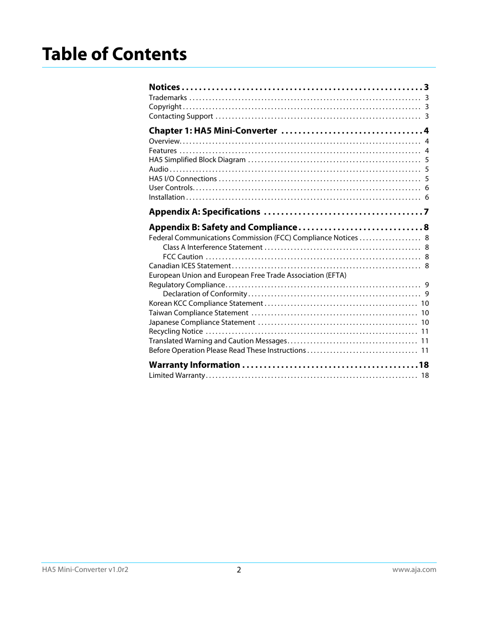 AJA HA5 User Manual | Page 2 / 18
