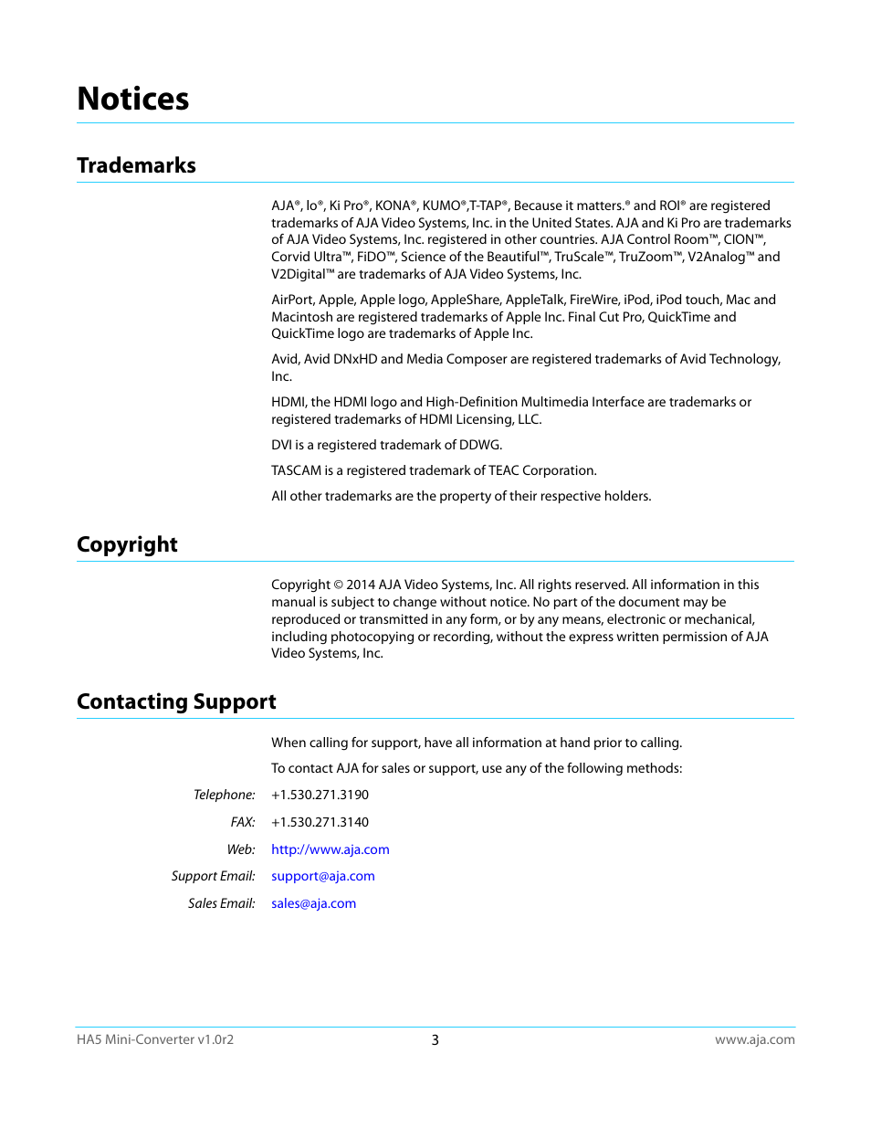 Notices, Trademarks, Copyright | Contacting support, Trademarks copyright contacting support | AJA HA5 User Manual | Page 3 / 18