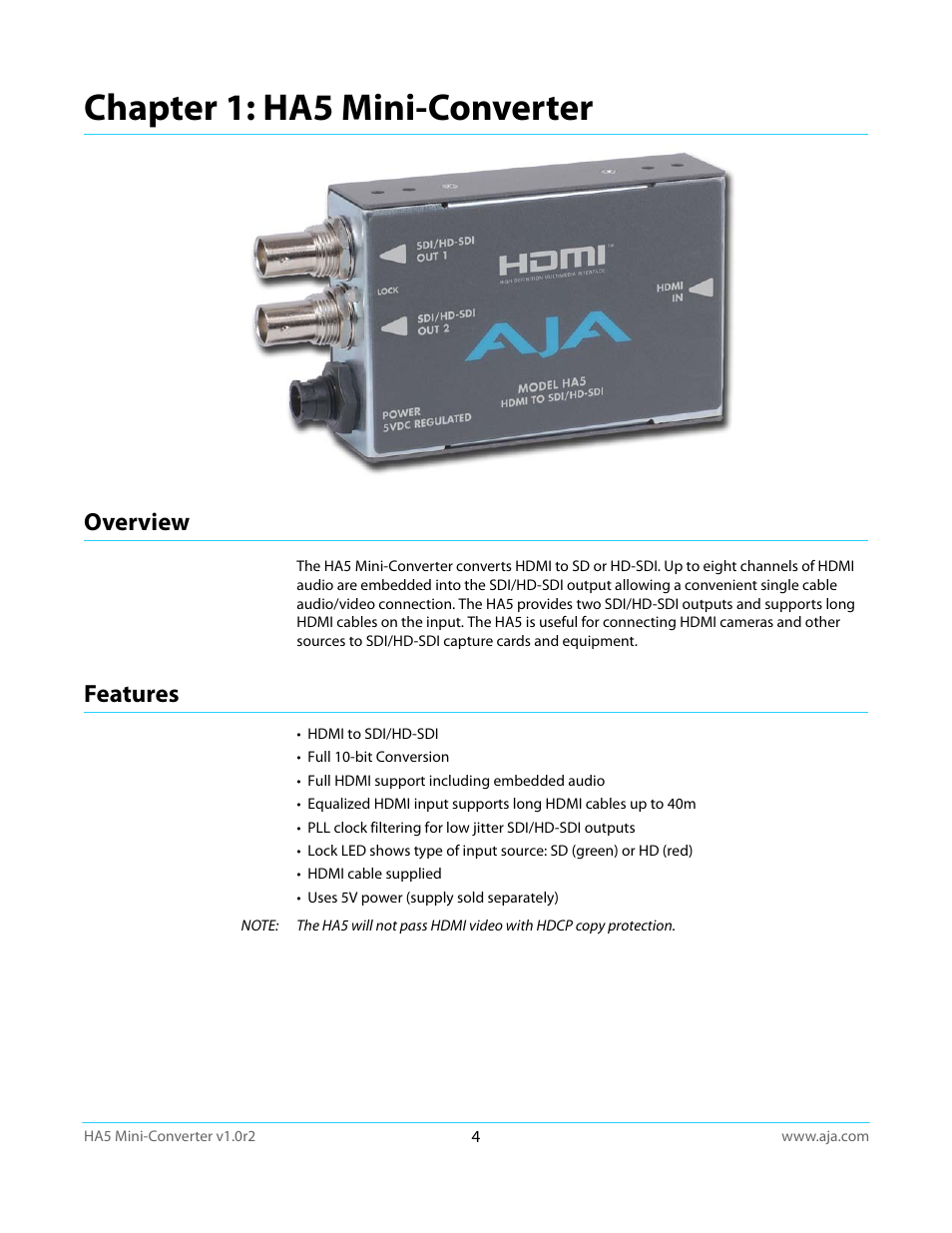 Chapter 1: ha5 mini-converter, Overview, Features | Overview features | AJA HA5 User Manual | Page 4 / 18