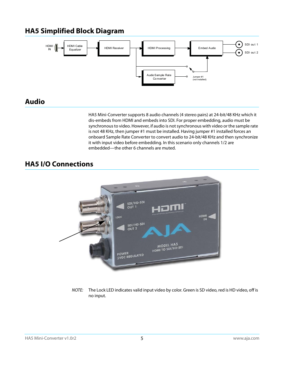 Ha5 simplified block diagram, Audio, Ha5 i/o connections | Ha5 simplified block diagram audio | AJA HA5 User Manual | Page 5 / 18