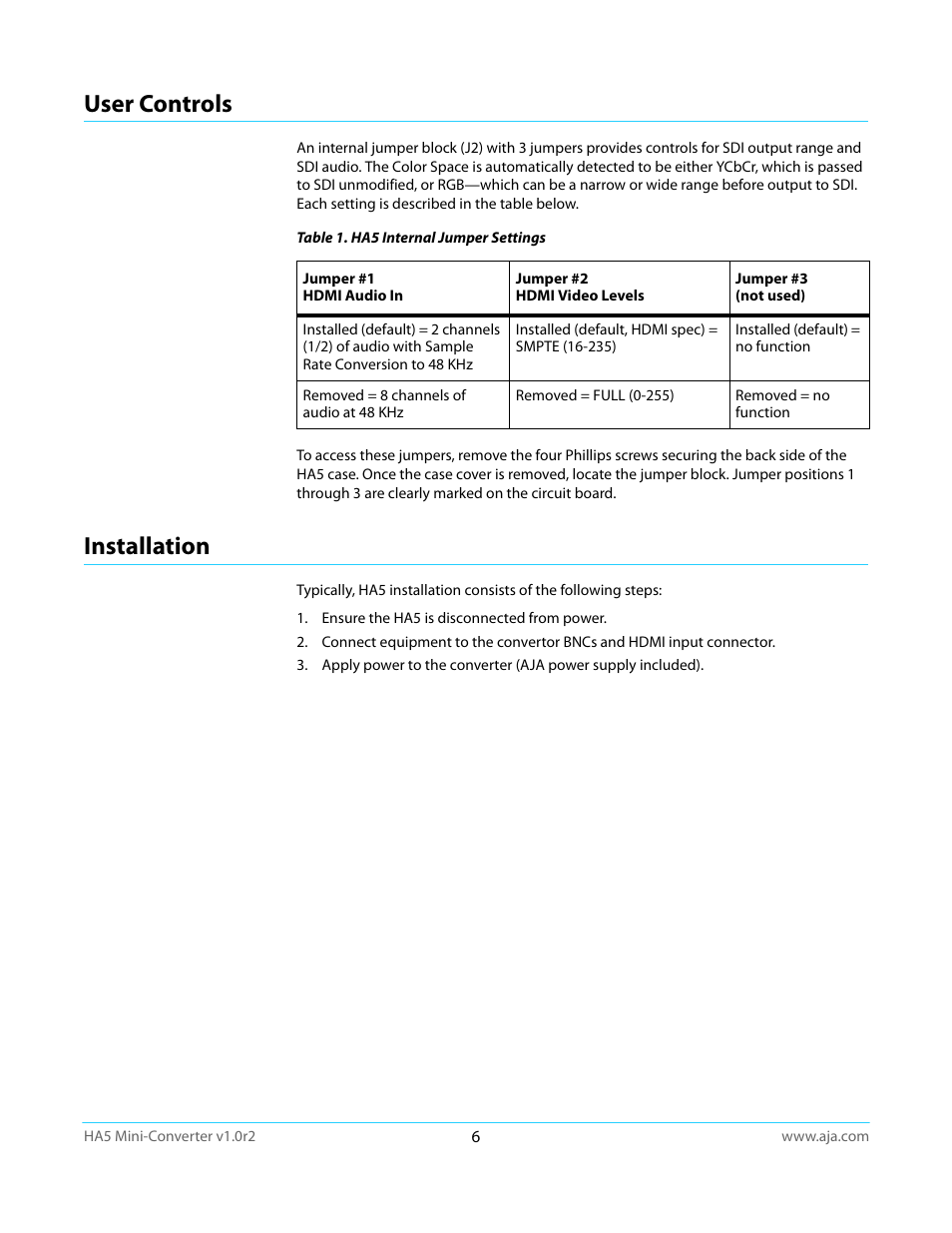 User controls, Installation, User controls installation | AJA HA5 User Manual | Page 6 / 18