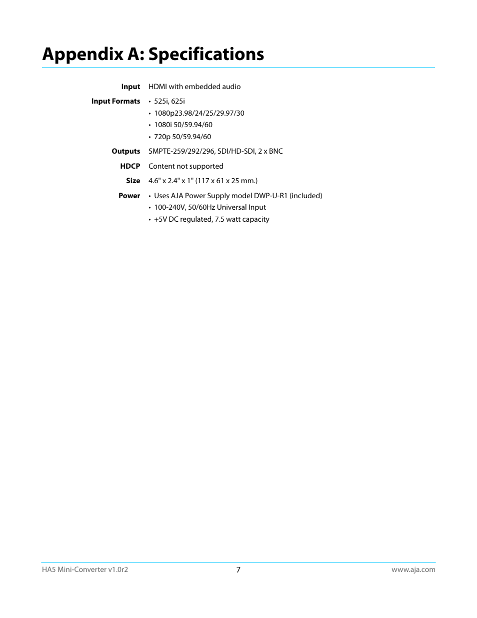 Appendix a: specifications | AJA HA5 User Manual | Page 7 / 18