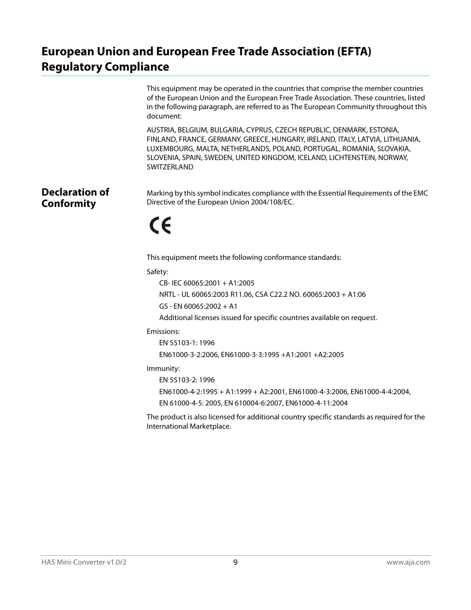 Declaration of conformity, Regulatory compliance | AJA HA5 User Manual | Page 9 / 18