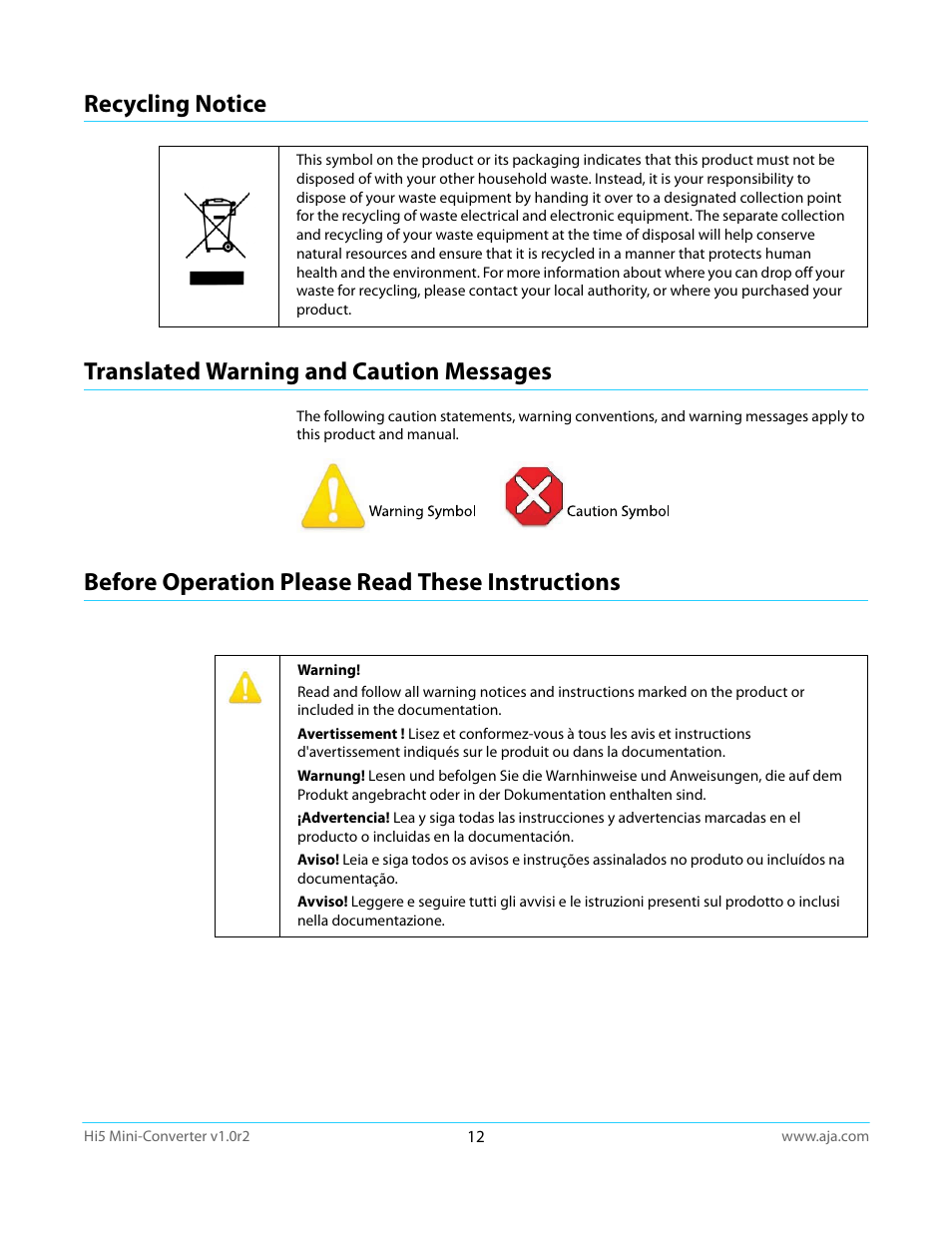 Recycling notice, Translated warning and caution messages, Before operation please read these instructions | AJA Hi5 User Manual | Page 12 / 19