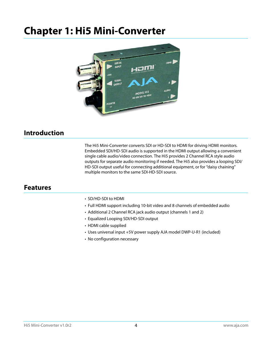 Chapter 1: hi5 mini-converter, Introduction, Features | Introduction features | AJA Hi5 User Manual | Page 4 / 19