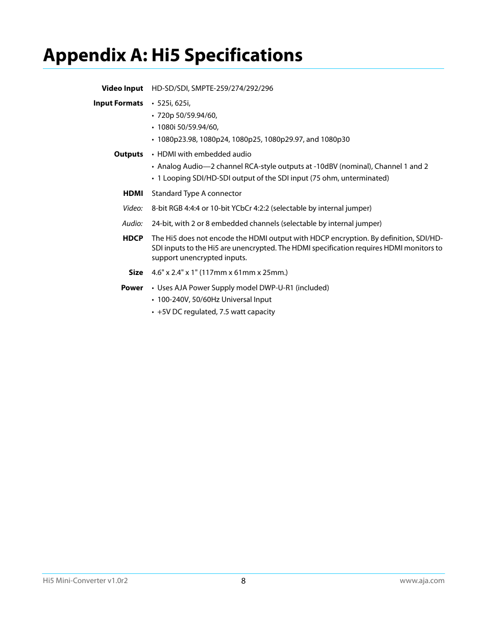 Appendix a: hi5 specifications | AJA Hi5 User Manual | Page 8 / 19