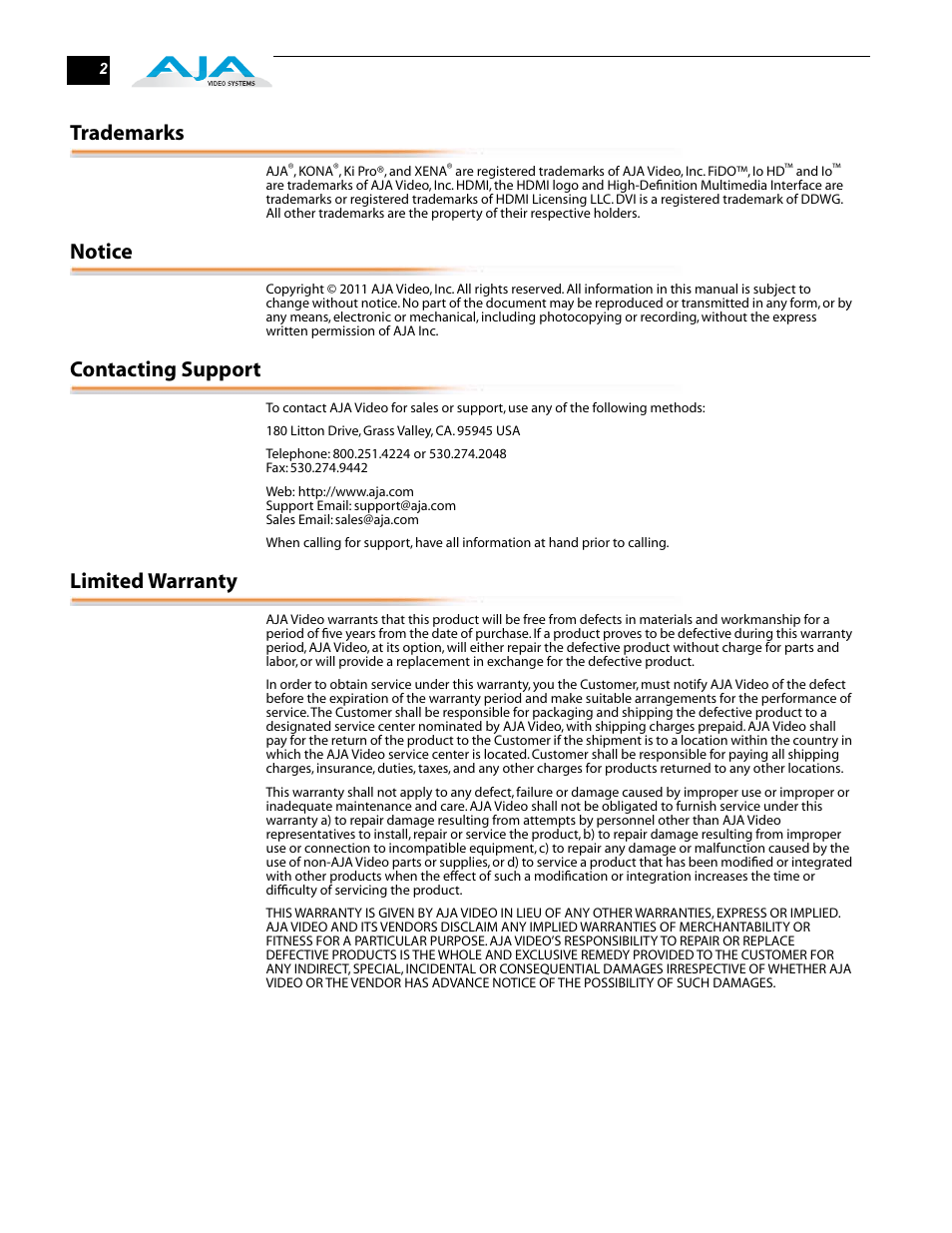 Trademarks, Notice, Contacting support | Limited warranty | AJA Hi5-Fiber User Manual | Page 2 / 6