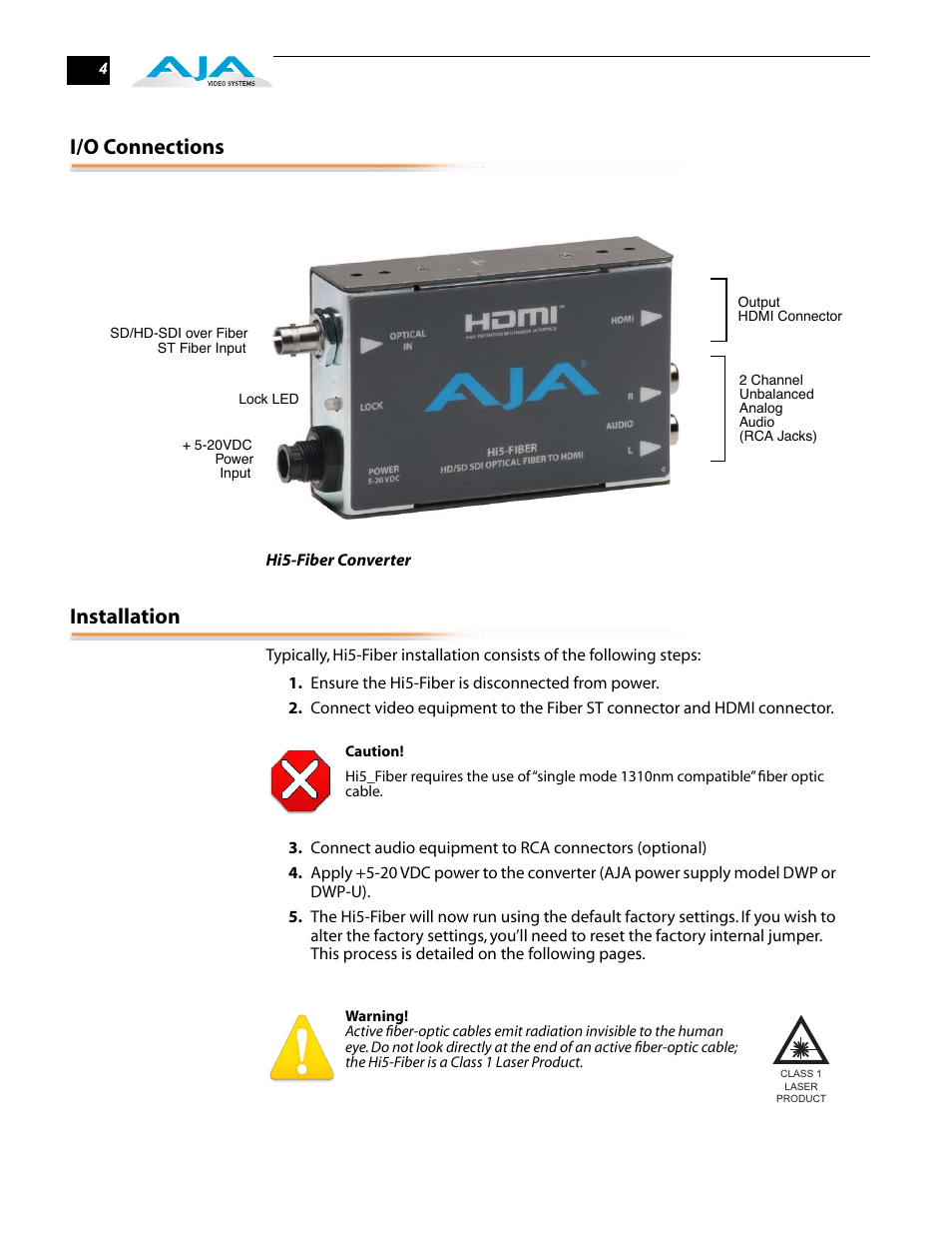 I/o connections, Installation | AJA Hi5-Fiber User Manual | Page 4 / 6