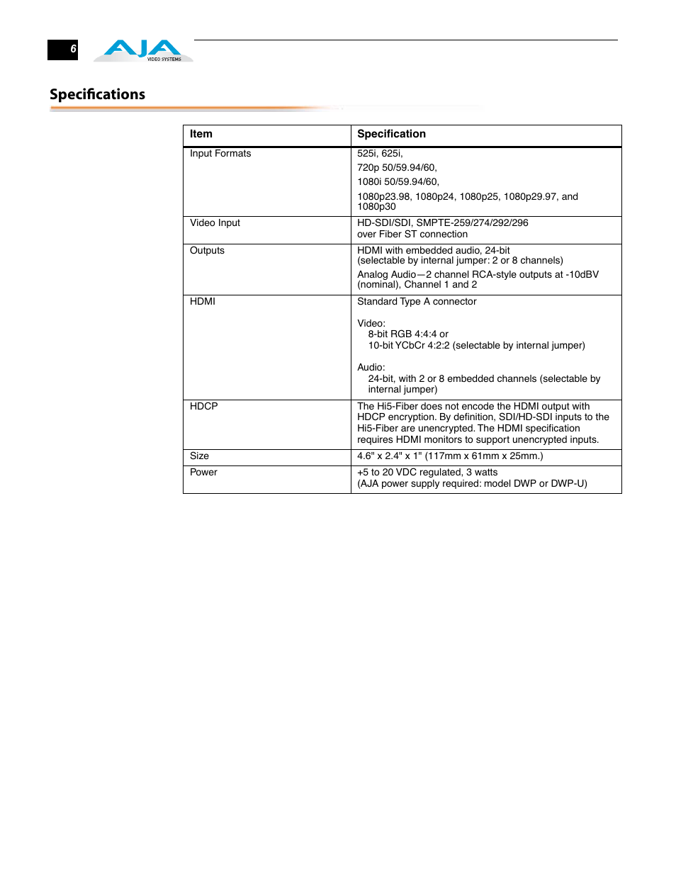 Specifications | AJA Hi5-Fiber User Manual | Page 6 / 6
