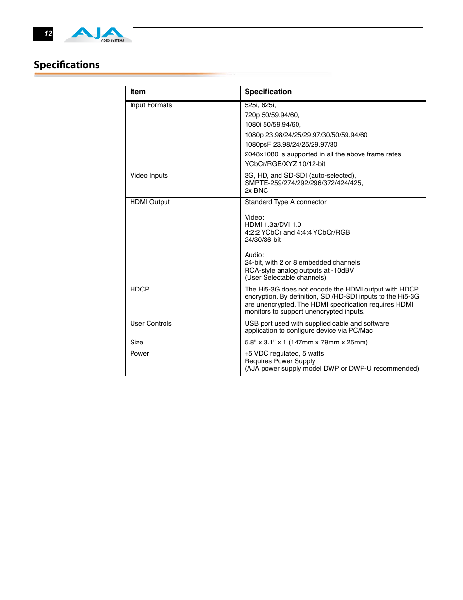 Specifications | AJA Hi5-3G User Manual | Page 12 / 18