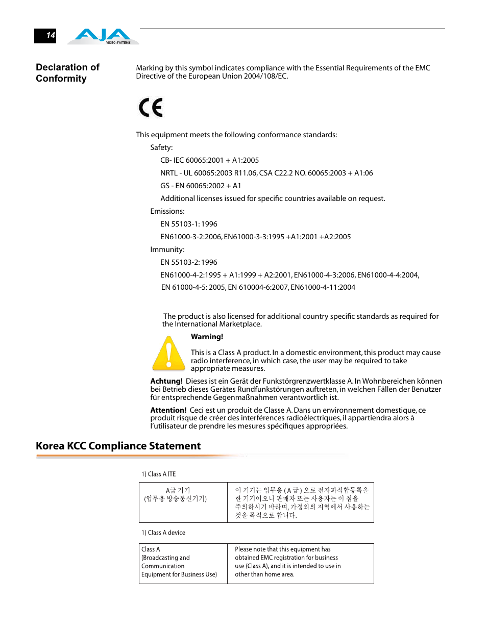 Korea kcc compliance statement | AJA Hi5-3G User Manual | Page 14 / 18