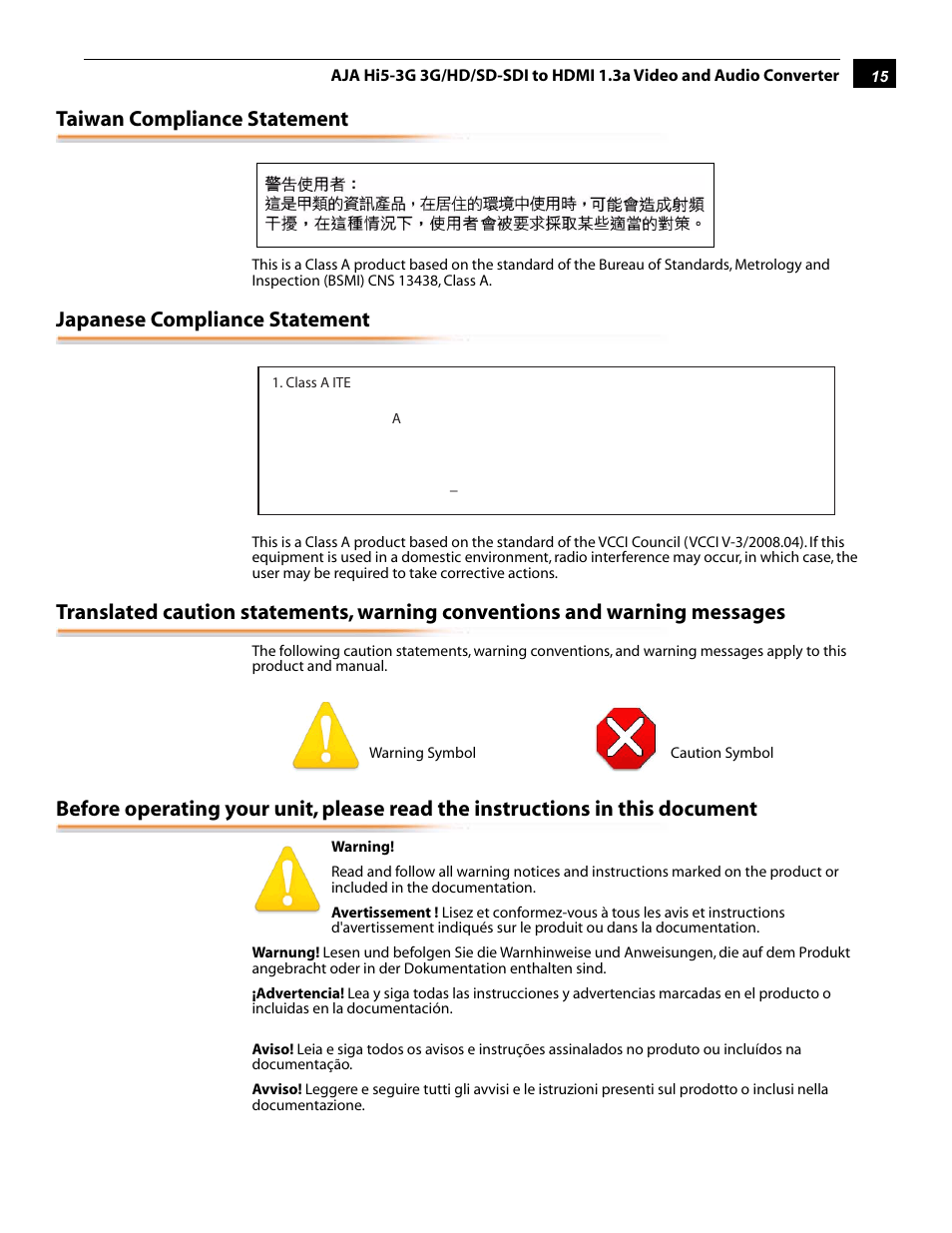 Taiwan compliance statement, Japanese compliance statement | AJA Hi5-3G User Manual | Page 15 / 18