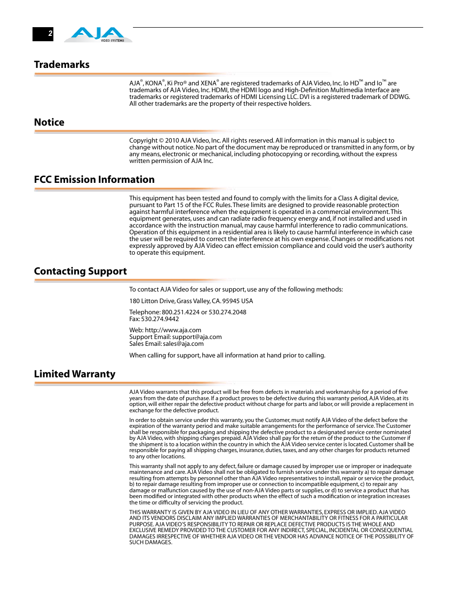 Trademarks, Notice, Fcc emission information | Contacting support, Limited warranty | AJA Hi5-3G User Manual | Page 2 / 18