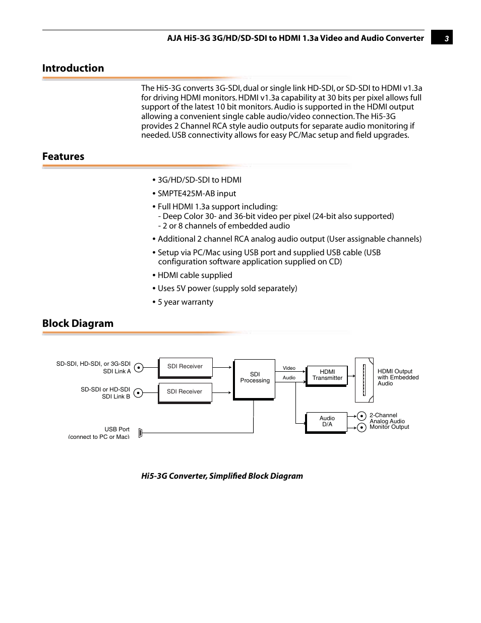 Introduction, Features, Block diagram | AJA Hi5-3G User Manual | Page 3 / 18