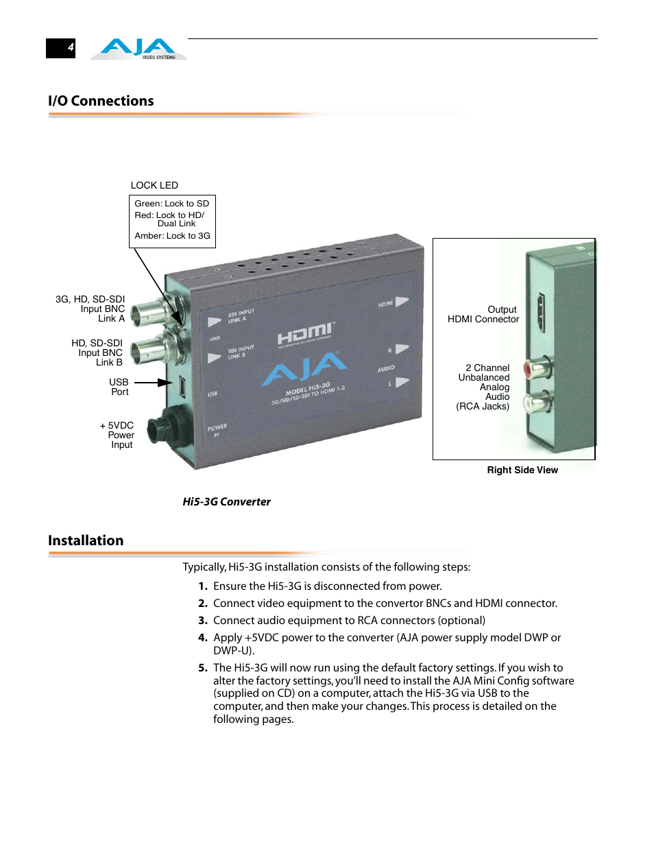 I/o connections, Installation | AJA Hi5-3G User Manual | Page 4 / 18