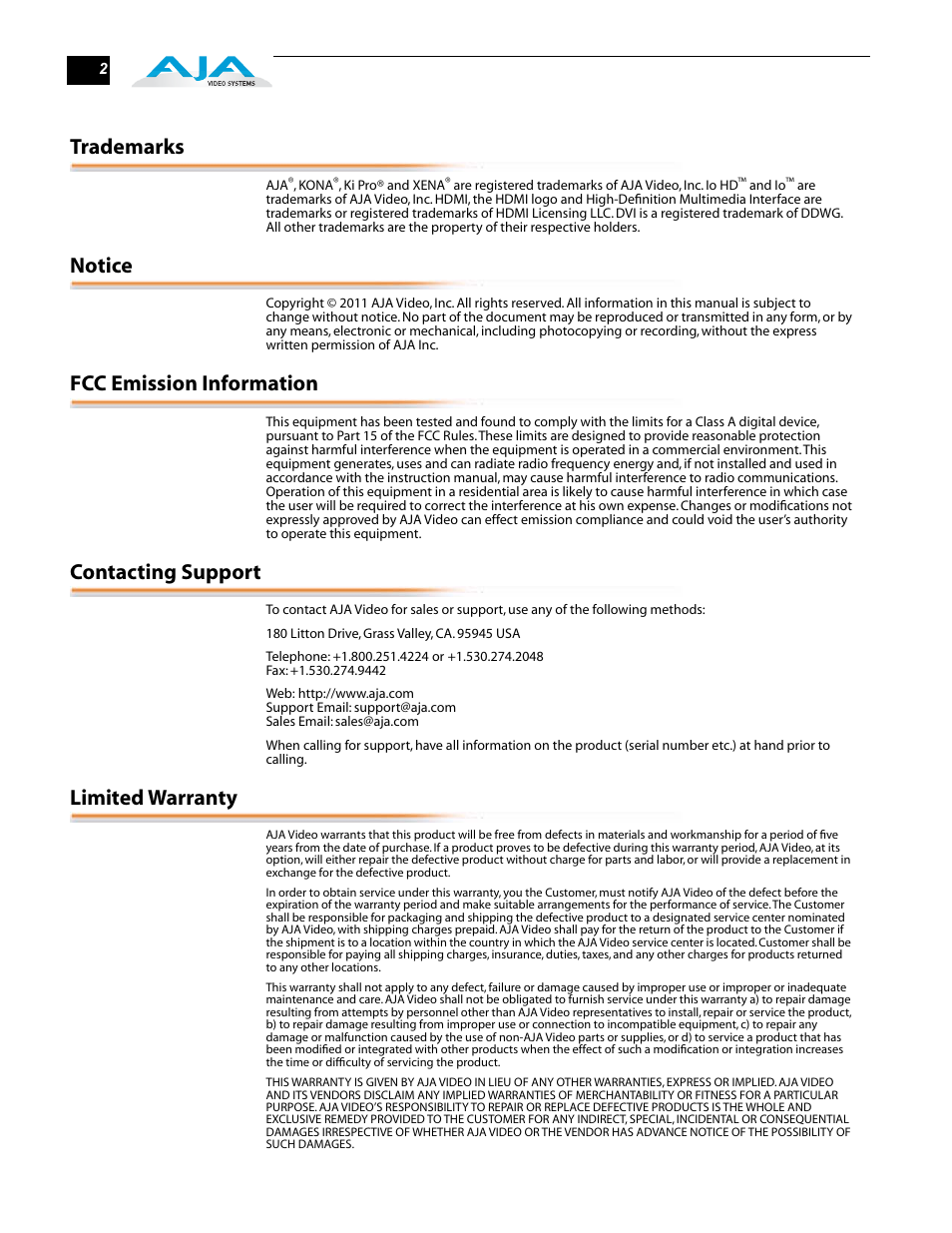 Trademarks, Notice, Fcc emission information | Contacting support, Limited warranty | AJA HD10AVA User Manual | Page 2 / 8