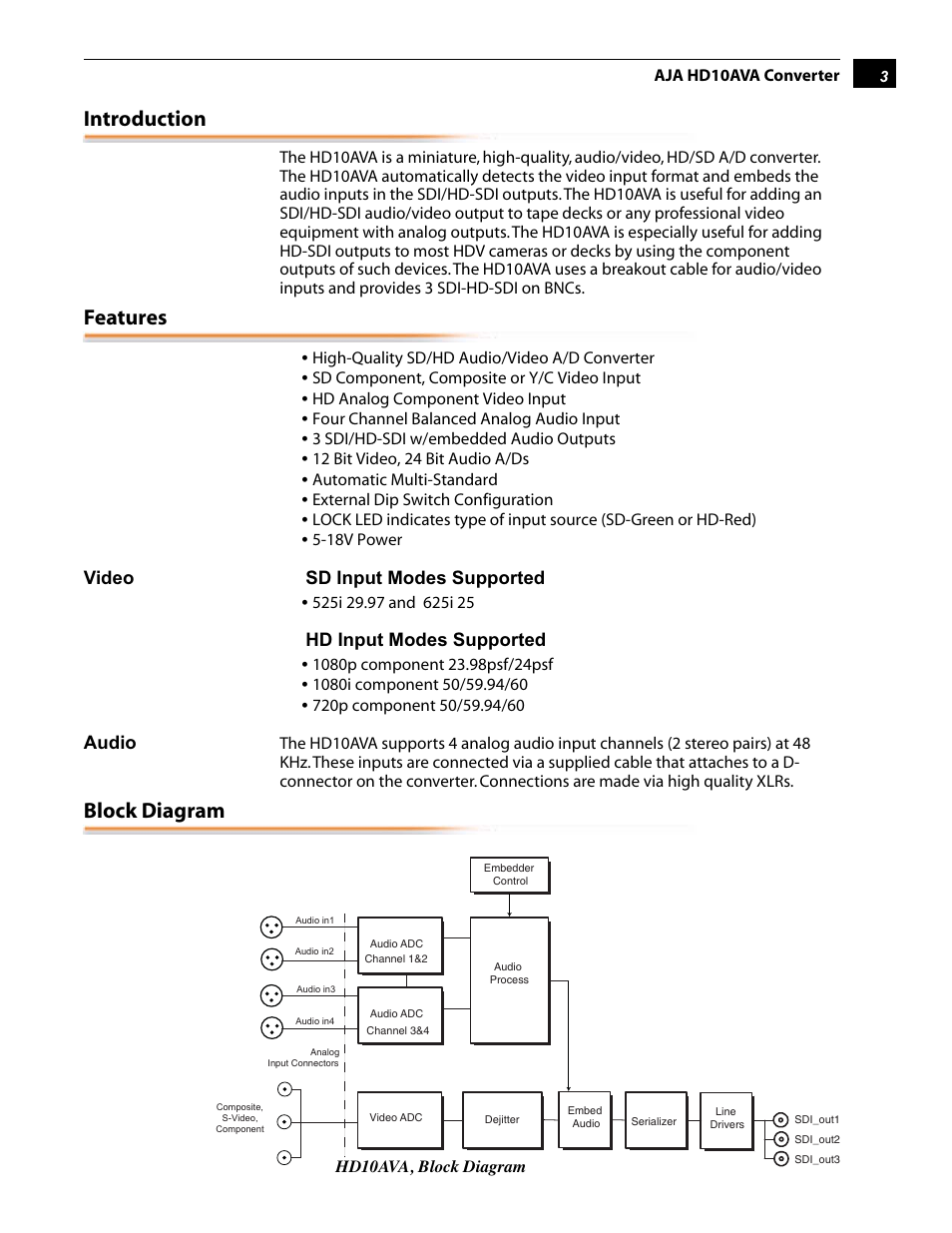 Introduction, Features, Block diagram | AJA HD10AVA User Manual | Page 3 / 8