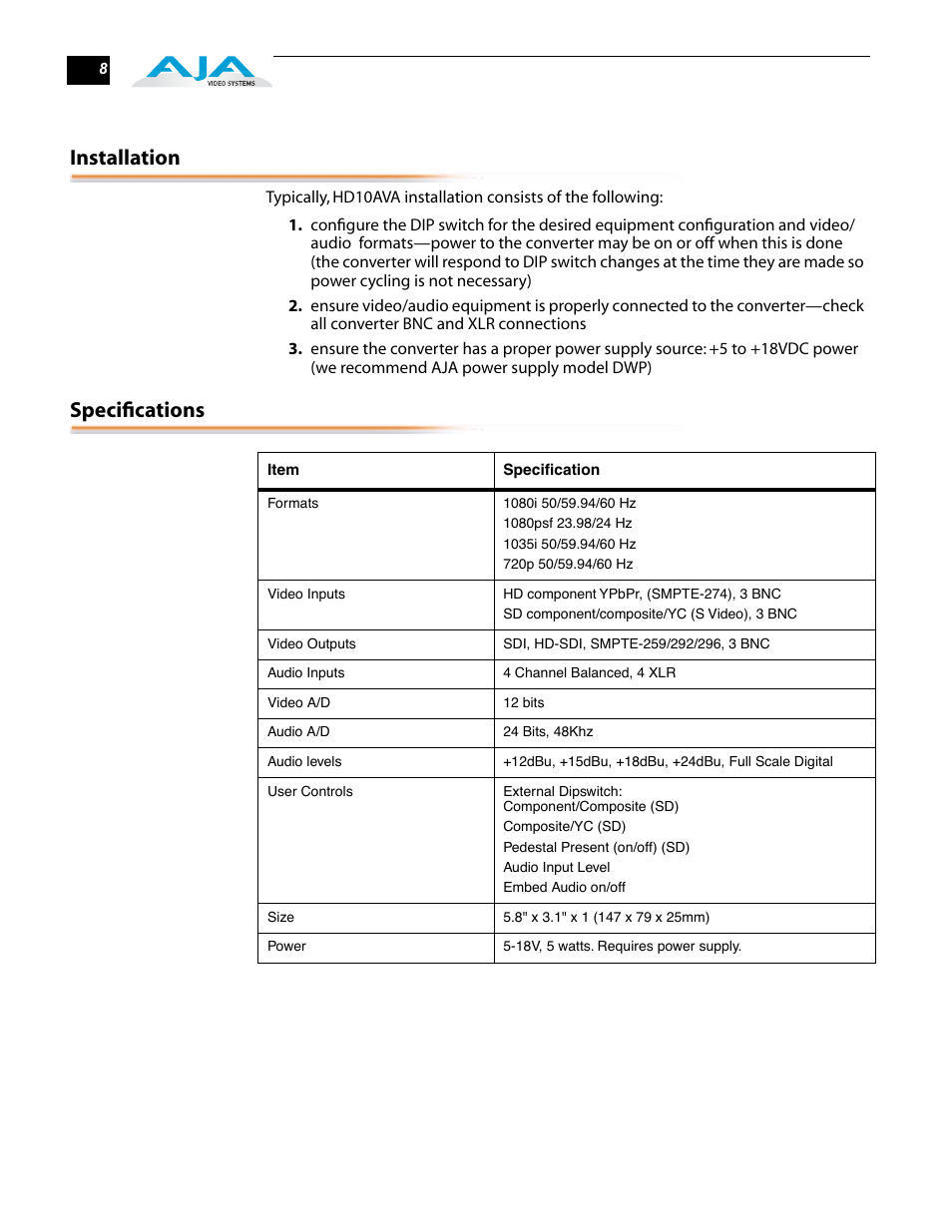 Installation, Specifications | AJA HD10AVA User Manual | Page 8 / 8