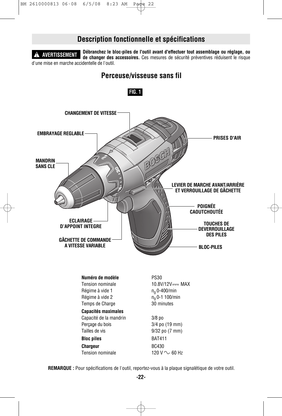 Description fonctionnelle et spécifications, Perceuse/visseuse sans fil | Bosch PS30 User Manual | Page 22 / 44