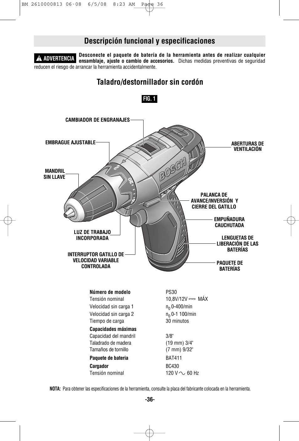 Descripción funcional y especificaciones, Taladro/destornillador sin cordón | Bosch PS30 User Manual | Page 36 / 44