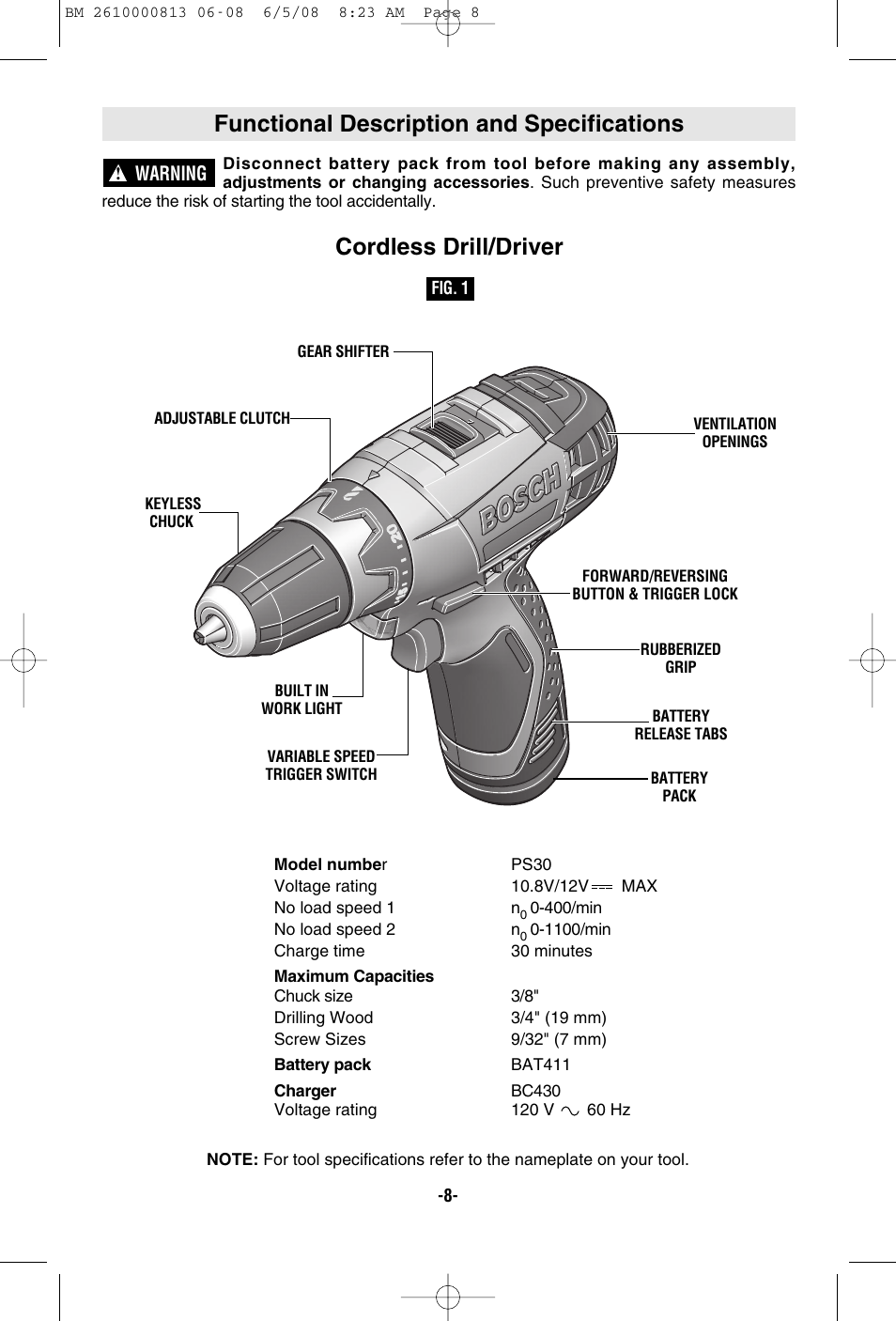 Functional description and specifications, Cordless drill/driver | Bosch PS30 User Manual | Page 8 / 44