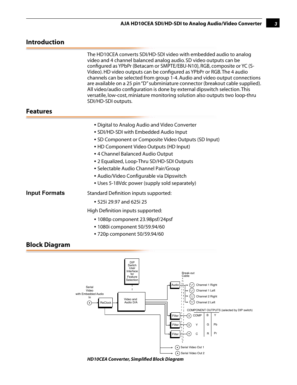 Introduction, Features, Block diagram | AJA HD10CEA User Manual | Page 3 / 8
