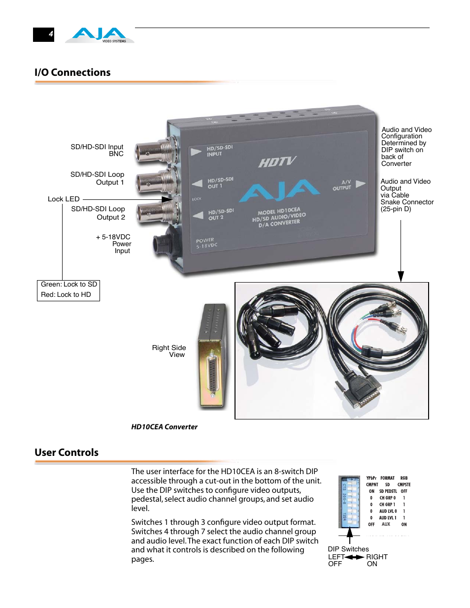 I/o connections, User controls | AJA HD10CEA User Manual | Page 4 / 8