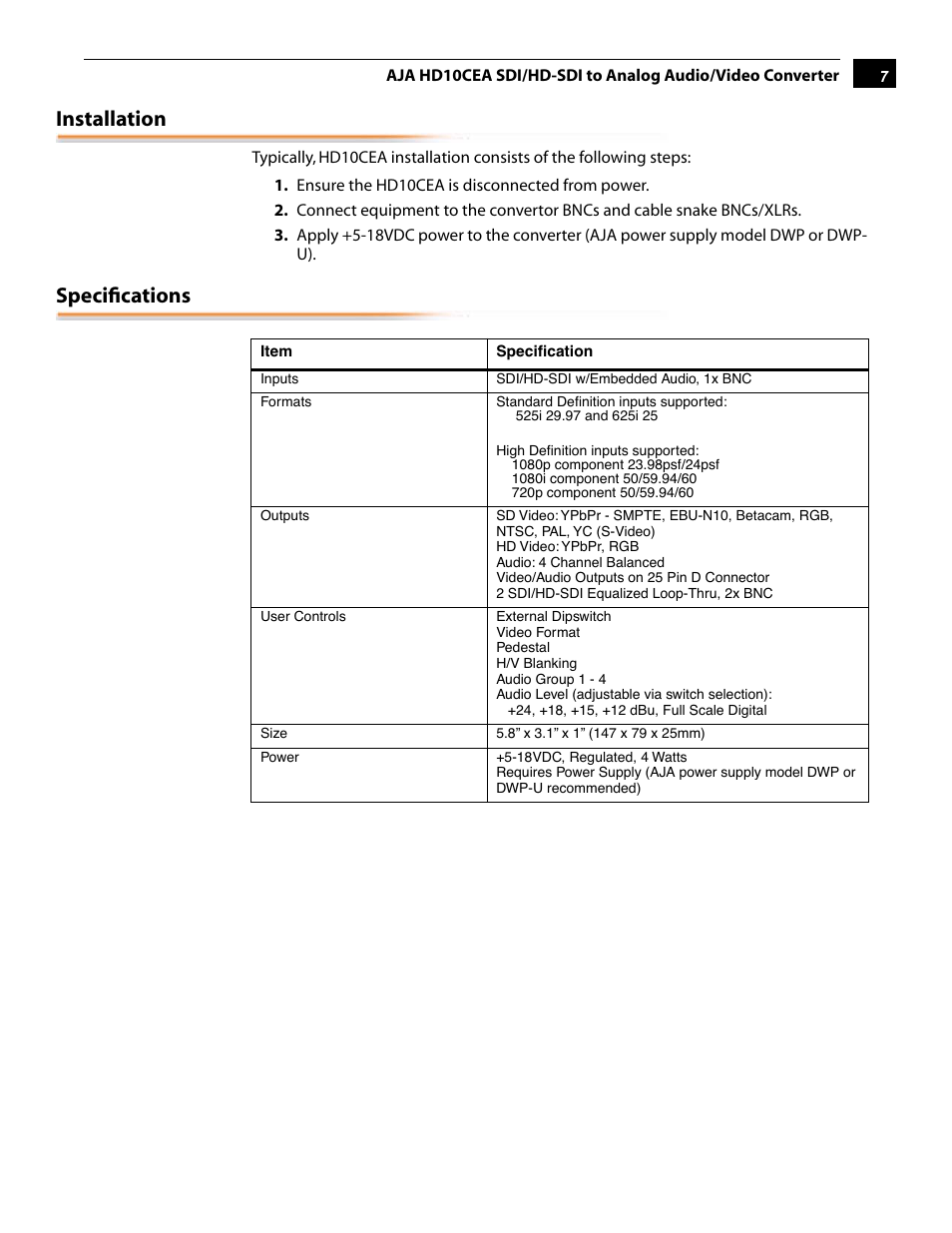 Installation, Specifications | AJA HD10CEA User Manual | Page 7 / 8